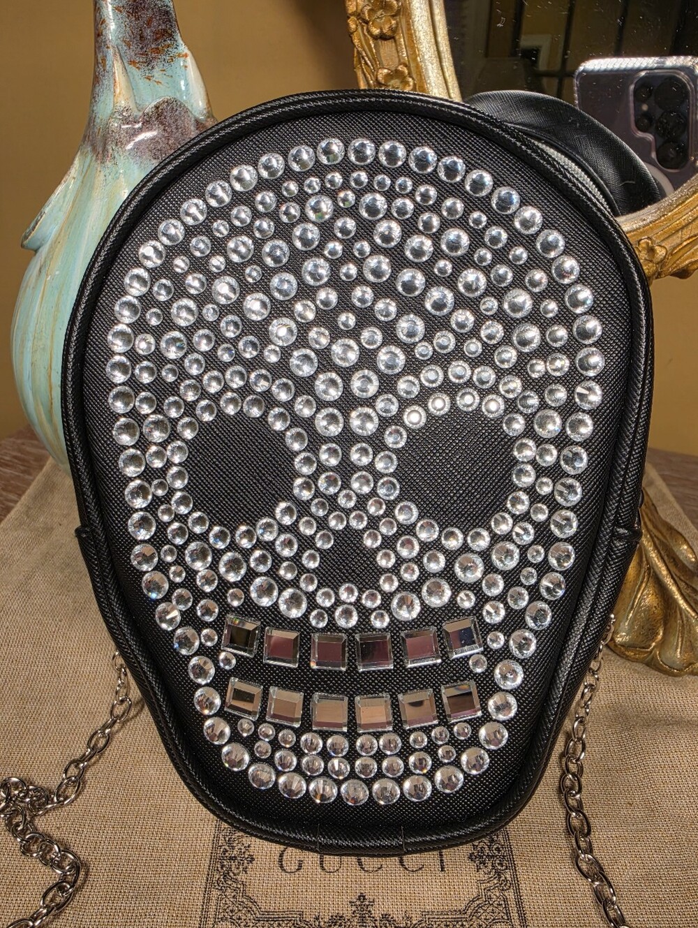 Black Mirror & Crystal Studded Skull Crossbody Bag - Picture 2 of 6